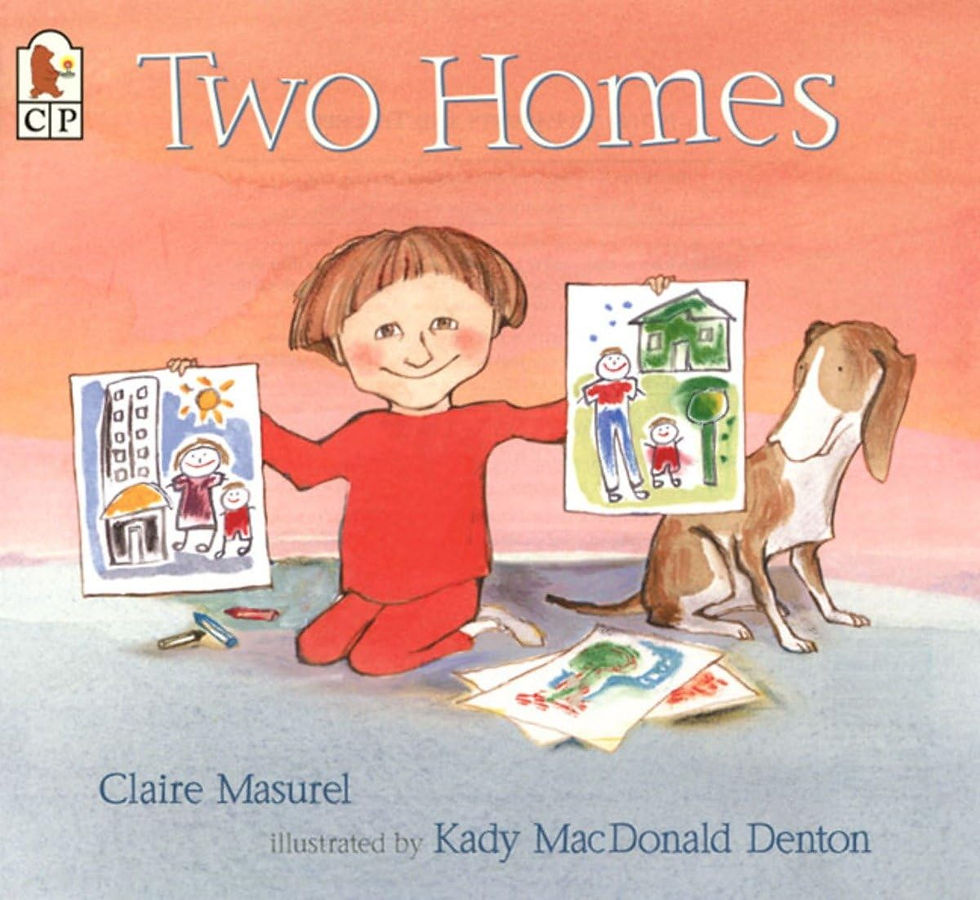 Child in red holds drawings of two homes, smiling beside a dog. Background is pink with "Two Homes." Crayons on the floor, cheerful mood.