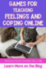 Woman using laptop on couch. Text: "Games for Teaching Feelings and Coping Online." Website: wholechildcounseling.com. Mood: calm.