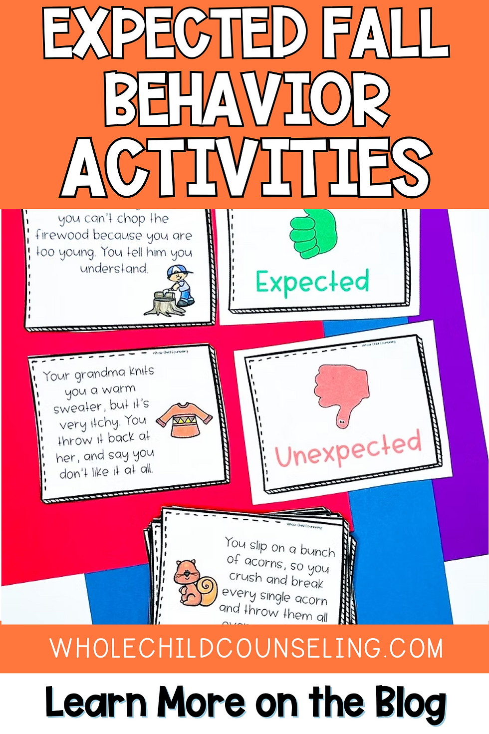 Cards showing "Expected" and "Unexpected" behavior activities on a colorful background. Text details scenarios and actions.
