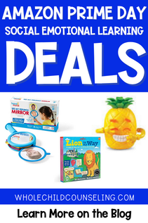 Amazon Prime Day social emotional learning deals featured on a blue background with toys like a mirror, game, and pineapple stress ball.