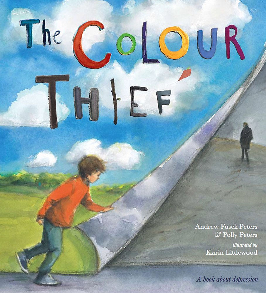 Boy in orange jacket lifts corner of a scene, merging colorful field with gray cityscape. Title: "The Colour Thief". Emotive and imaginative.
