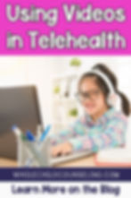Smiling girl with headphones and glasses using a laptop, text reads "Using Videos in Telehealth." Bright setting, playful mood.