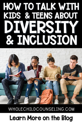 Teens reading on a sofa, focused and engaged. Text: "How to Talk with Kids & Teens About Diversity & Inclusion." White brick wall background.