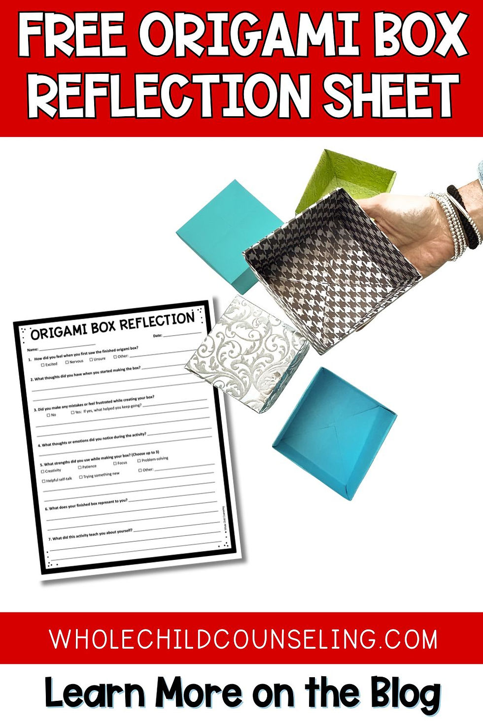 Hand holding a houndstooth origami box, surrounded by colorful boxes. Includes an origami reflection sheet, with text promoting a blog.