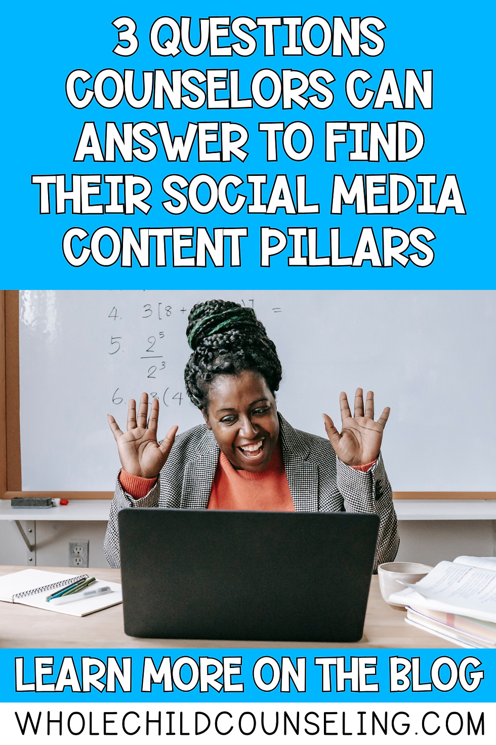 Smiling person waves at laptop in classroom. Blue text above: "3 Questions Counselors Can Answer." Blog link below.