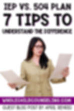 Woman in beige jacket holds papers, looking puzzled. Background text: "IEP vs. 504 Plan: 7 Tips to Understand the Difference." Website: wholechildcounseling.com.
