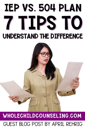Woman in beige jacket holds papers, looking puzzled. Background text: "IEP vs. 504 Plan: 7 Tips to Understand the Difference." Website: wholechildcounseling.com.