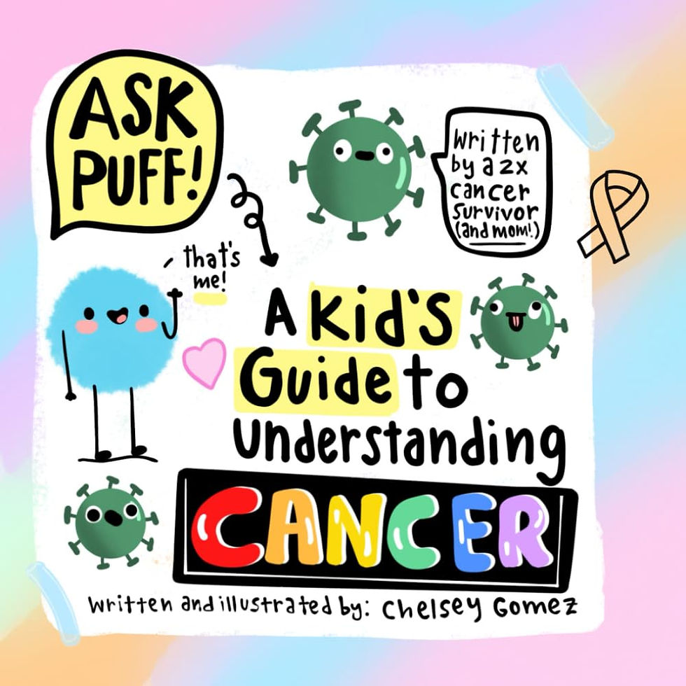 Cute cartoon virus and blue puffball saying "Ask Puff!" Text: "A Kid's Guide to Understanding Cancer." Illustrated by Chelsey Gomez.