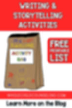 Writing & Storytelling Activities with a hand-drawn activity bag. "FREE PRINTABLE LIST" text, colorful design, blog at wholechildcounseling.com.