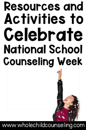 Woman celebrating under confetti, pointing upward. Text: Resources and Activities to Celebrate National School Counseling Week. Includes website link.