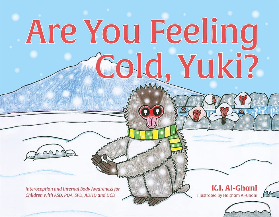 Snow monkey wearing a green scarf sits in snowy landscape with a mountain, other monkeys, and title text "Are You Feeling Cold, Yuki?".