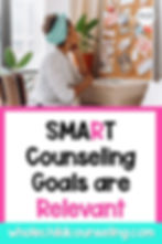 Woman in white shirt and blue head wrap ponders a vision board. Text reads "SMART Counseling Goals are Relevant," with a calm, focused mood.