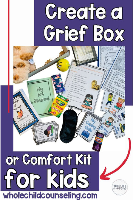 Grief box items for kids include journals, crayons, cards, and toys on a white background. Text: Create a Grief Box, wholechildcounseling.com.
