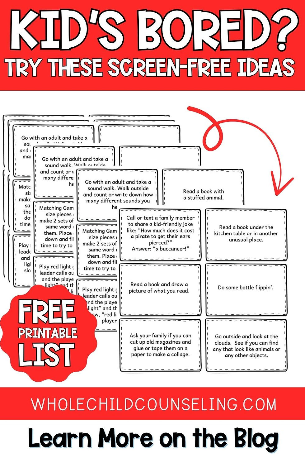 Red banner with "Kid's Bored? Try These Screen-Free Ideas." White cards with activities. Arrow points to "Free Printable List." Website link.