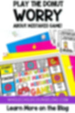 Colorful board game titled "The Donut Worry About Making Mistakes Game" with dice, cards, and pawns on a bright background. Mood is playful.
