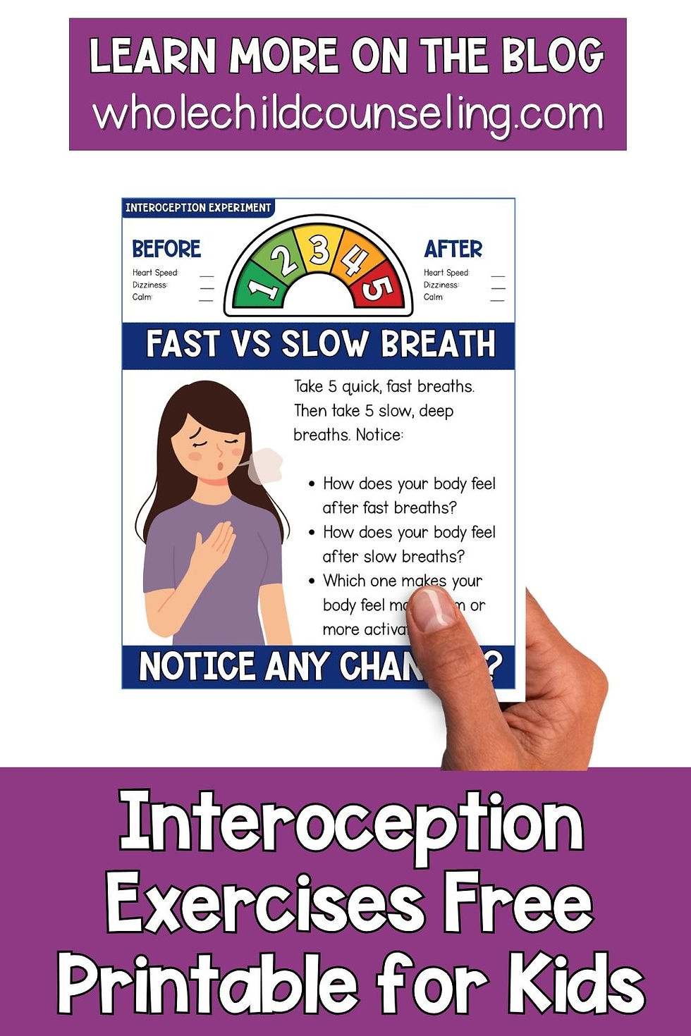 Hand holding a kids breathing worksheet poster, with a woman illustration, color gauge, and text about fast vs slow breaths.