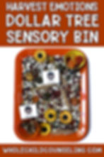Orange tray with beans, sunflowers, and emotion cards labeled "Excited" and "Annoyed." Text: "Harvest Emotions Dollar Tree Sensory Bin."