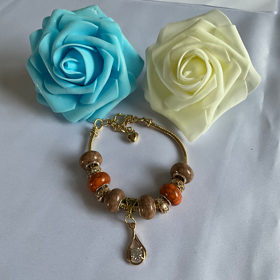 Thumbnail: Large bead bracelet beige and orange with teardrop charm