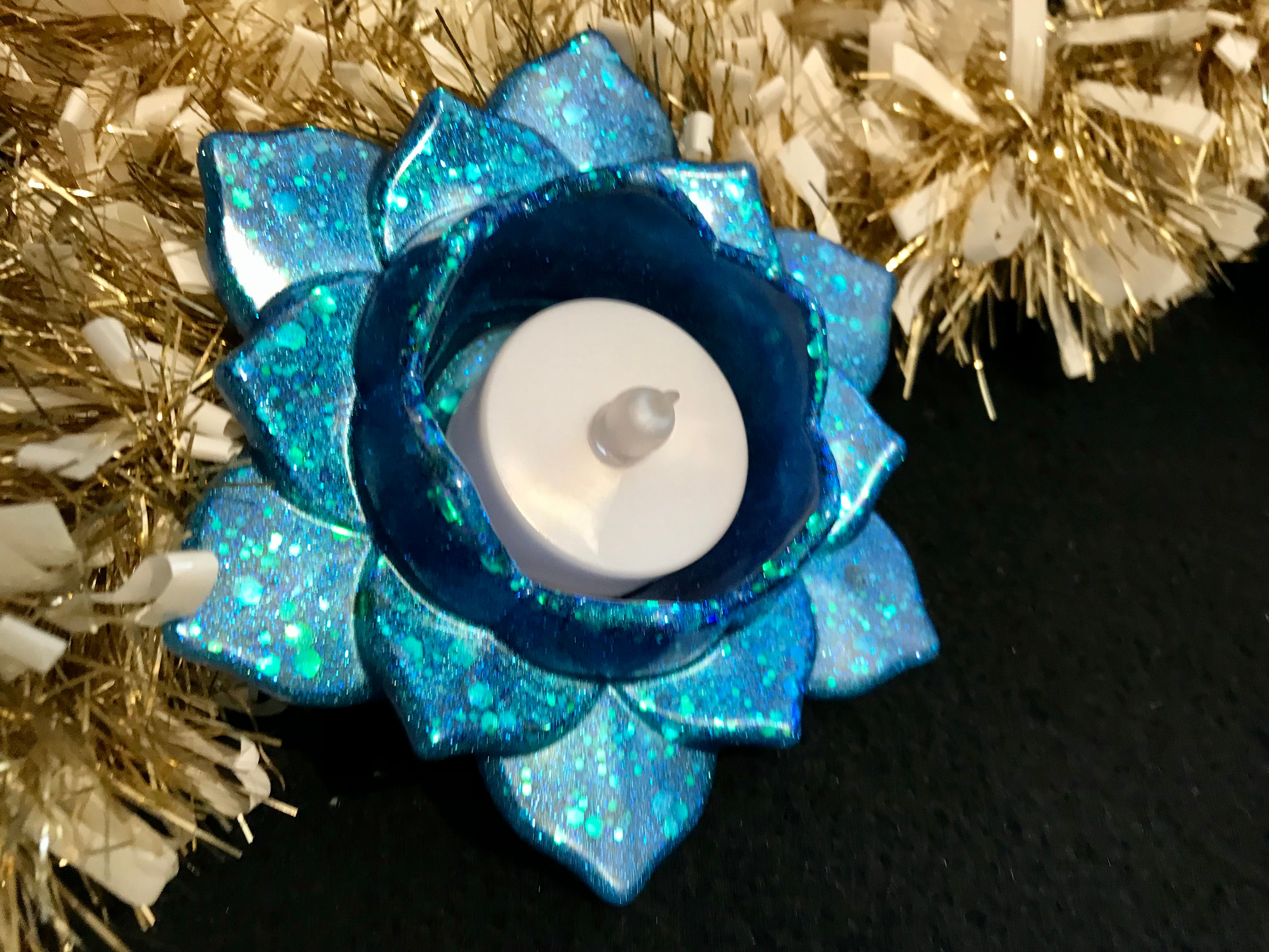 Blue and teal lotus flower candle holder with LED candle