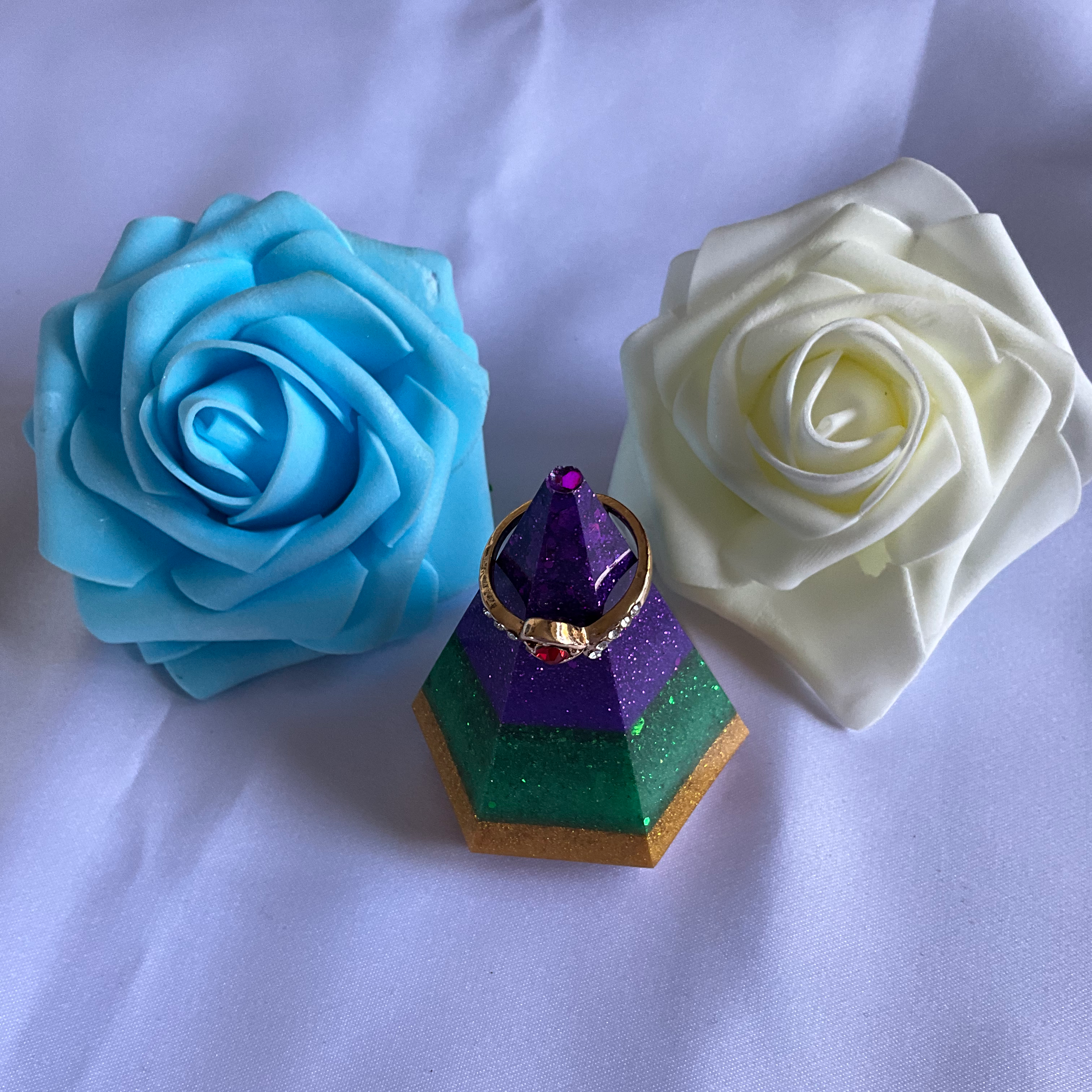 Purple, green and gold hexagon shaped resin ring holder