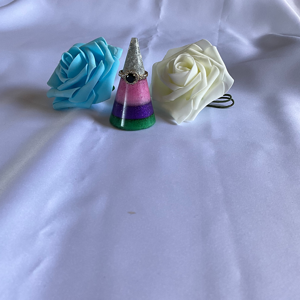 Thumbnail: Silver, pink, purple, and green cone shaped resin ring holder