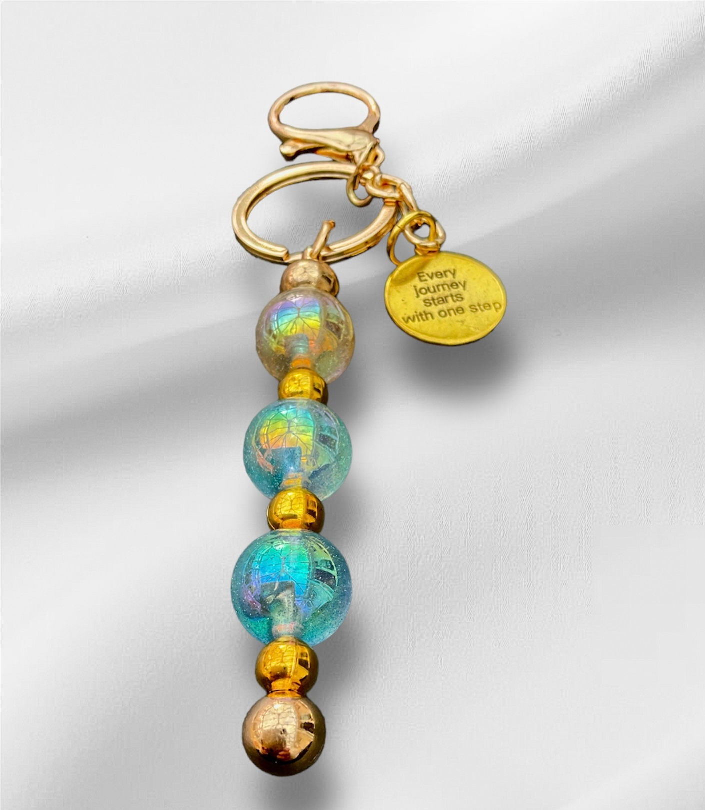 Clear, blue and gold bead holographic keyring / bag charm