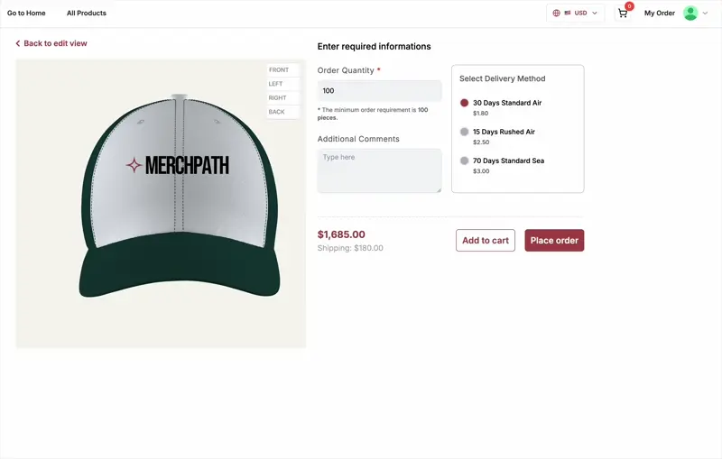 Instantly calculate pricing for bulk custom merch orders based on quantity, delivery time, and product customization options