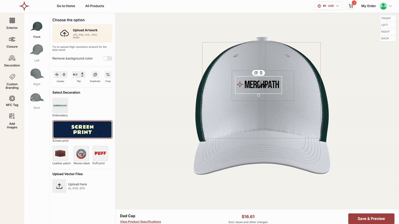 Upload your company logo or custom artwork to instantly preview how your branded merchandise will look in real time