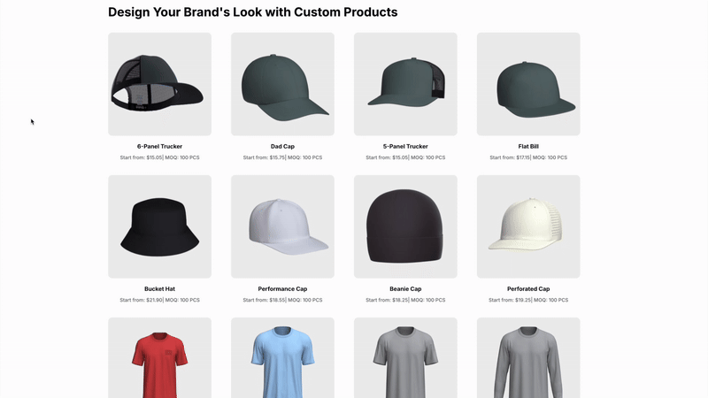 Variety of customizable products including t-shirts, caps, and mugs available on Merchpath