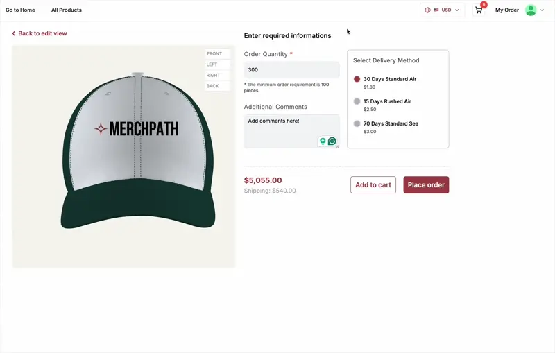 Approve your custom merch design and place a bulk order for company swag, employee gifts, or event merchandise in minutes