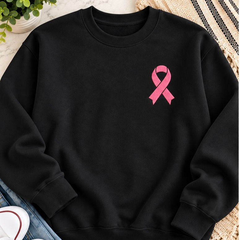 Embroidered Breast Cancer Awareness Sweatshirt, Pink Ribbon Crewneck