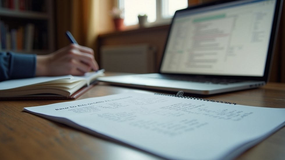 Eye-level view of a person studying IELTS materials with a laptop and notes