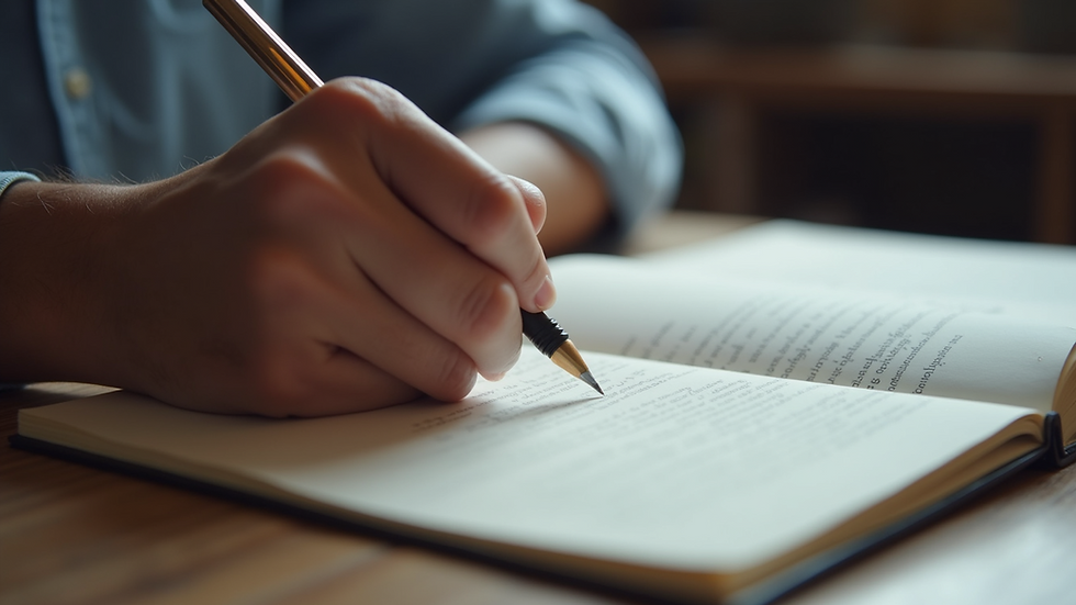 High angle view of a person writing IELTS practice essay