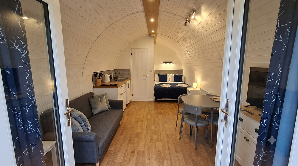 Interior of a luxury glamping pod in wales
