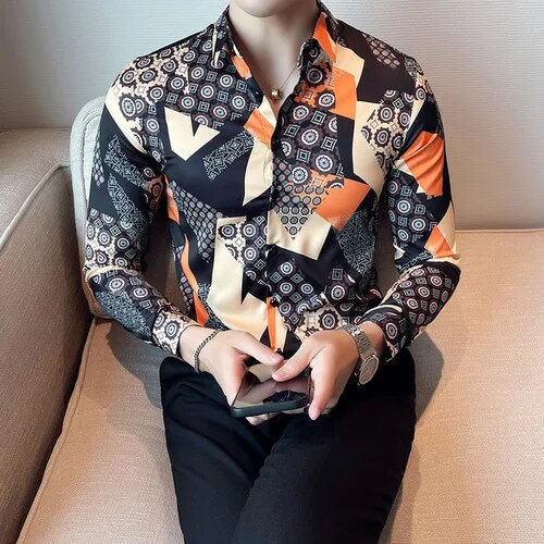 Thumbnail: Luxury Vintage Printed  Shirt Long Sleeve Slim Fit