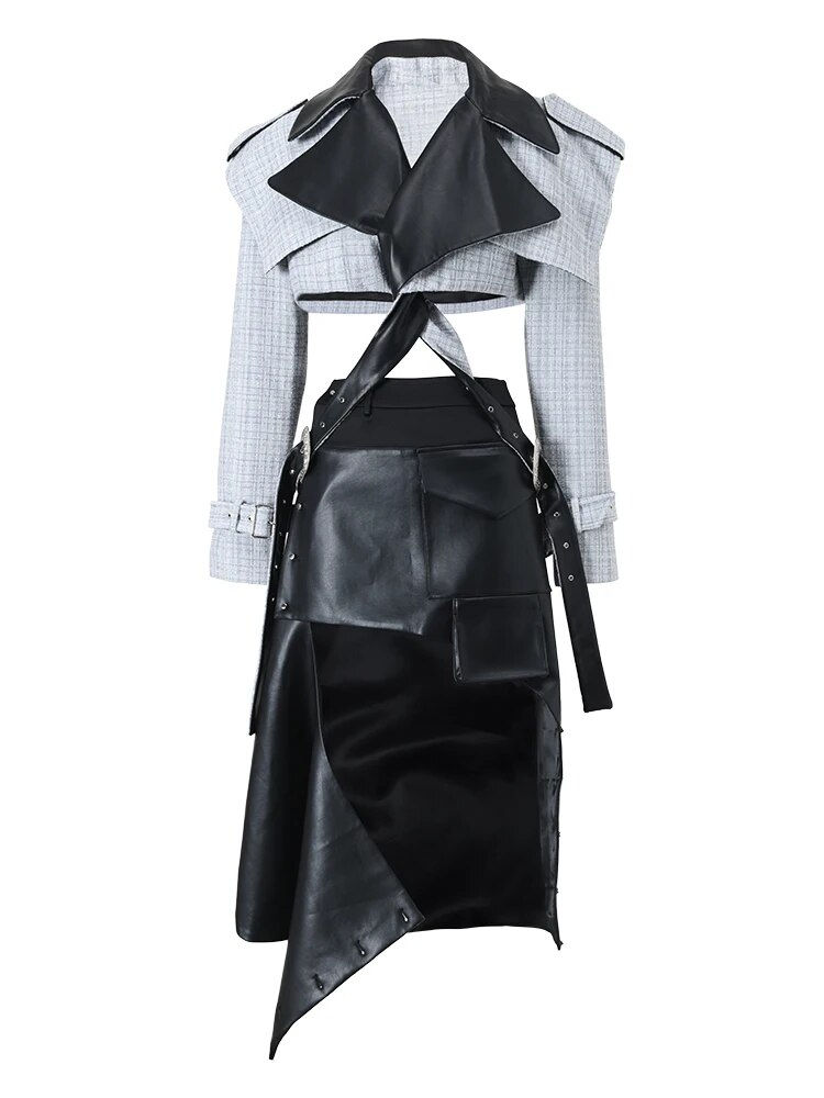 Blue Color-block Leather Long Trench