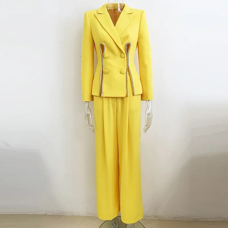 Yellow Pants Set Blazer with Diamond Striped Split Suit Jacket