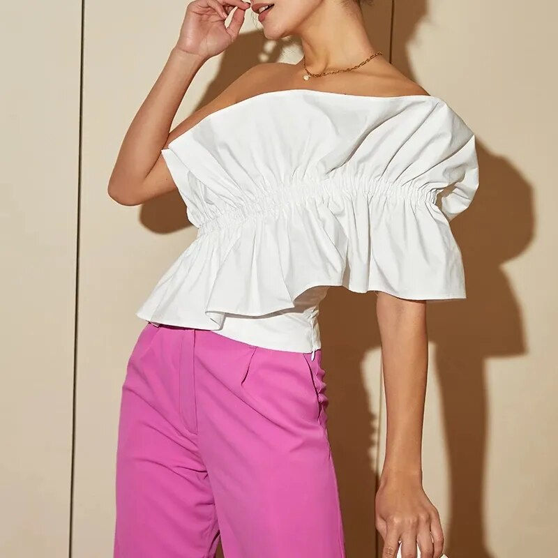 Thumbnail:  Ruffle Crop Tops Sexy One Shoulder Wavy Edge Short Blouses 