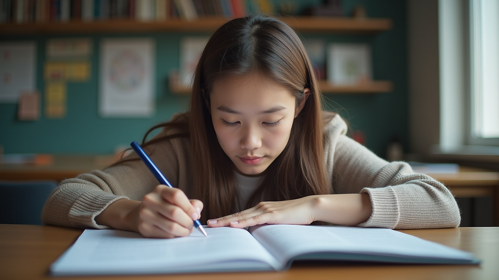 Eye-level view of a student studying for the IELTS exam