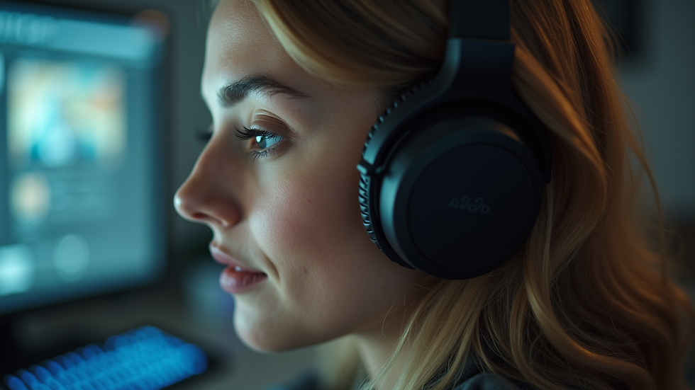 Close-up view of a person listening to audio with headphones