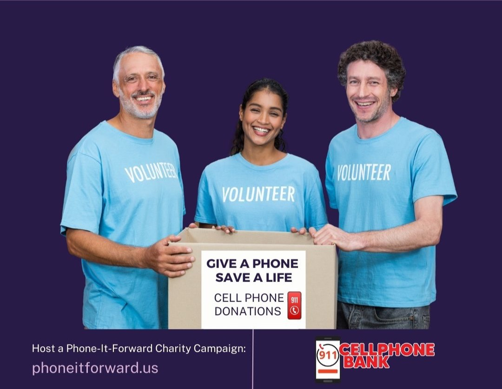 911 Cell Phone Bank Phone-It-Forward Charity Program showing volunteers collecting phones in their community