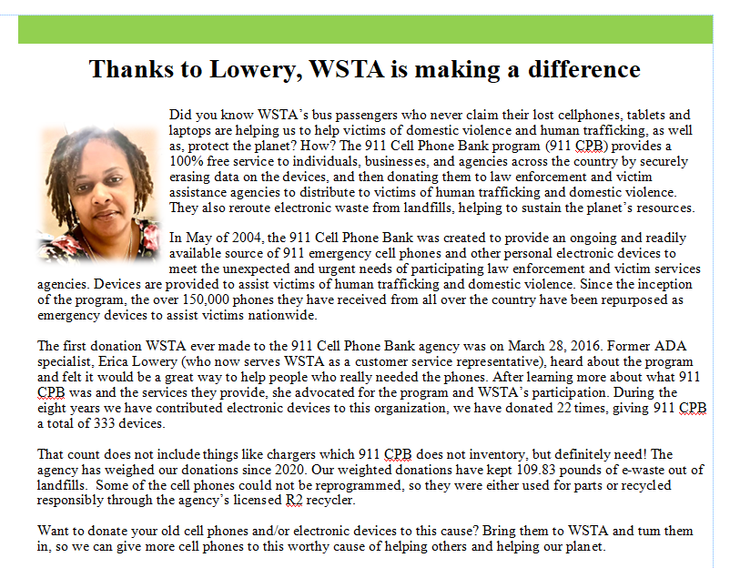 Screenshot of the WSTA newsletter article