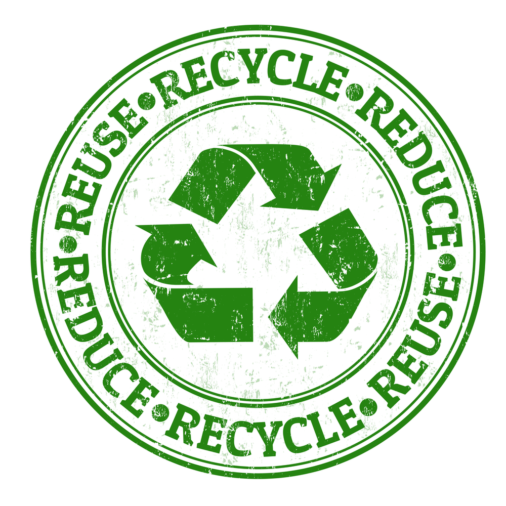 Round vector image with a green recycle sign that says Reduce, Reuse, Recycle