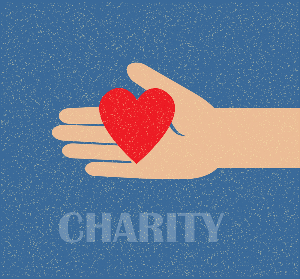 blue background vector image of a hand holding a heart, reaching across the screen. The word "Charity" is listed below it.