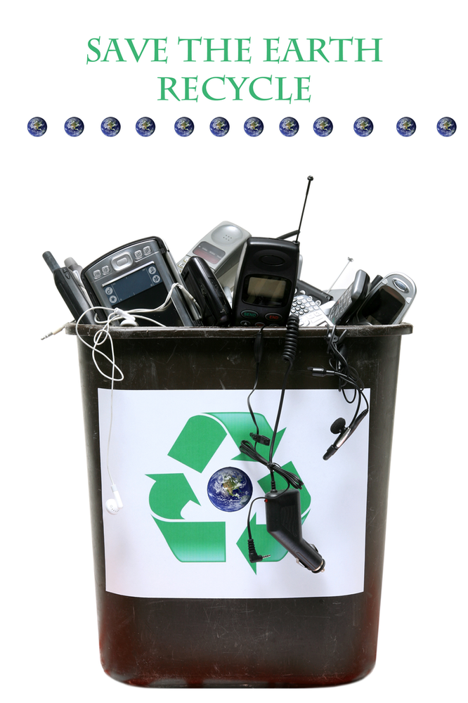 a recycling wastebasket holding cell phones and tablets