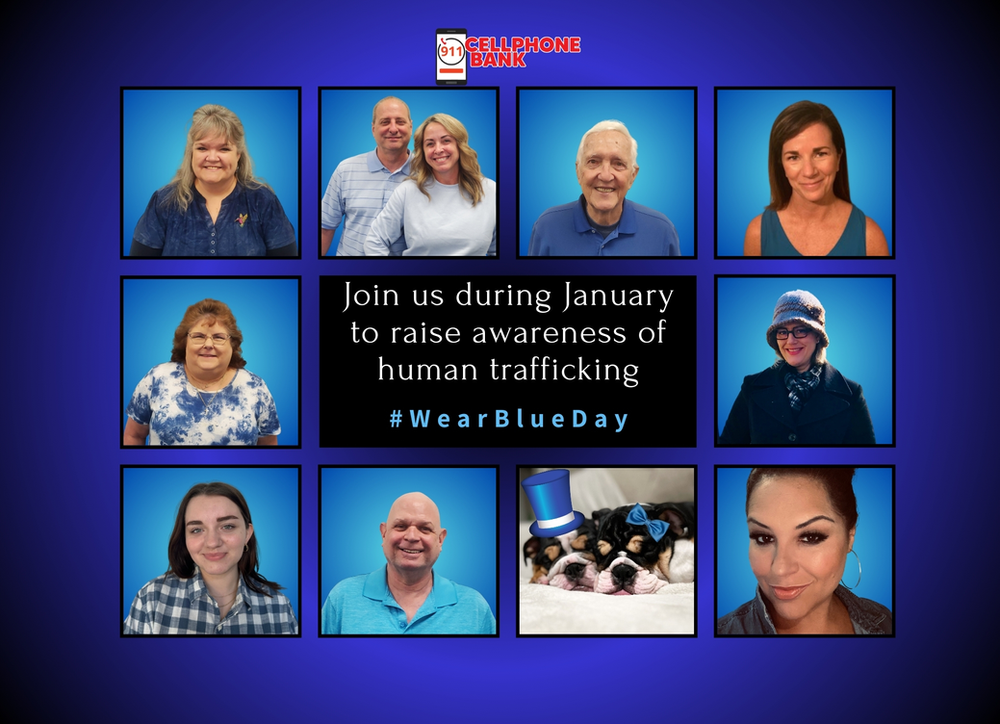 team at 911 Cell Phone Bank wearing blue for #WearBlueDay