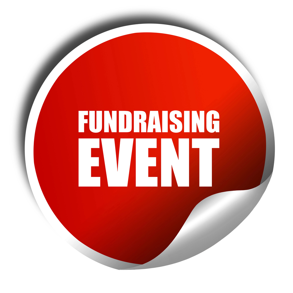red and white round button that says "Fundraising Event"