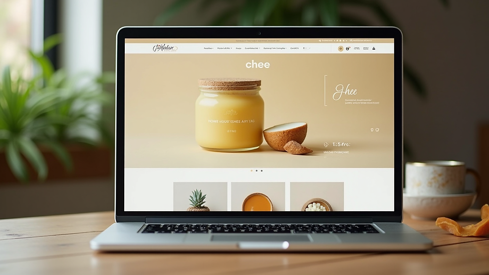 Eye-level view of a laptop screen displaying GoNaturel ghee product page on an online store