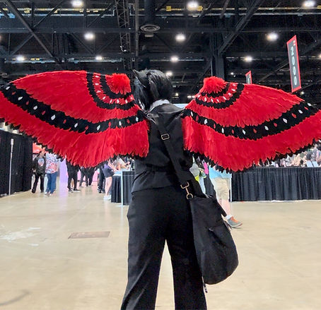 A person with cat ears and large wings with their back to the camera. The wings are red with 3 black stripes.