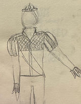 A sketch of an outfit with puffy striped shoulder puffs, and a sash.